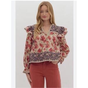 Entro M Boho Cottagecore Floral Mixed Media Ruffle Shoulder Blouse Top M
